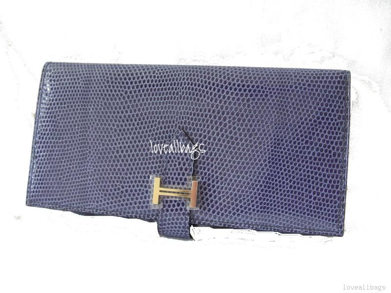 AUTH HERMES BEARN JAPONAISE WALLET BLUE ROI LIZARD BNIB