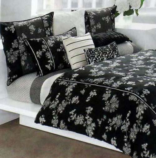 Dkny Pillow Sham King Black Glamour Ribbon Satin Floral