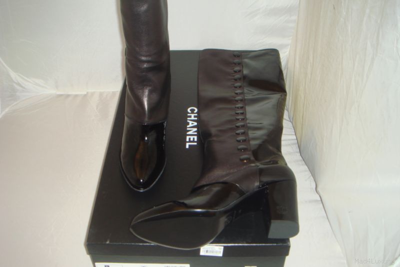 AUTH NIB CURRENT CHANEL BLACK KNEE BUTTON BOOTS 38.5
