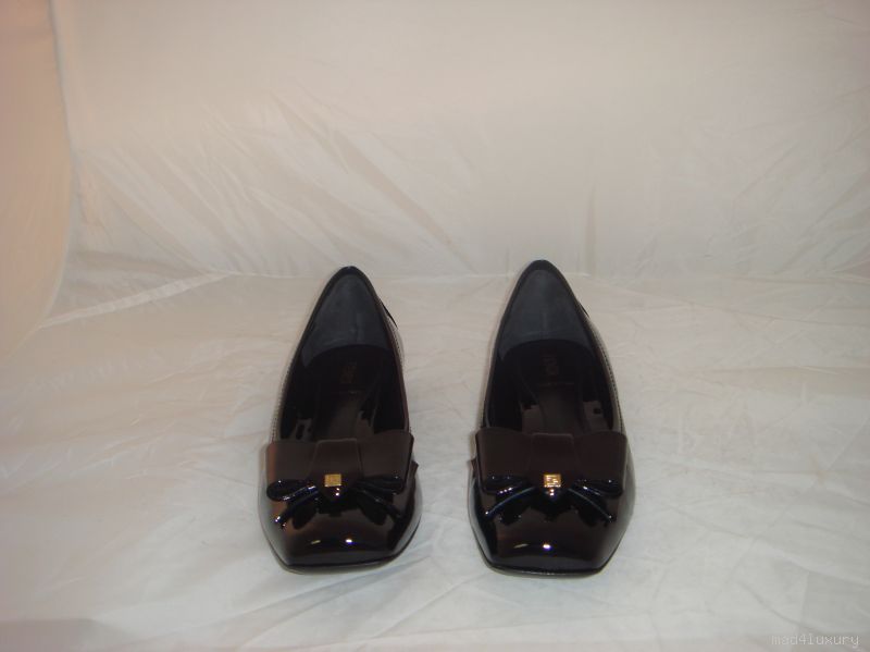 NIB AUTH FENDI BLACK PATENT BOW FLATS SHOES 37.5 $450