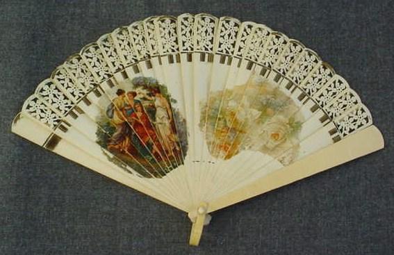 VINTAGE FIGURAL SCENE & ROSES CELLULOID HAND FAN
