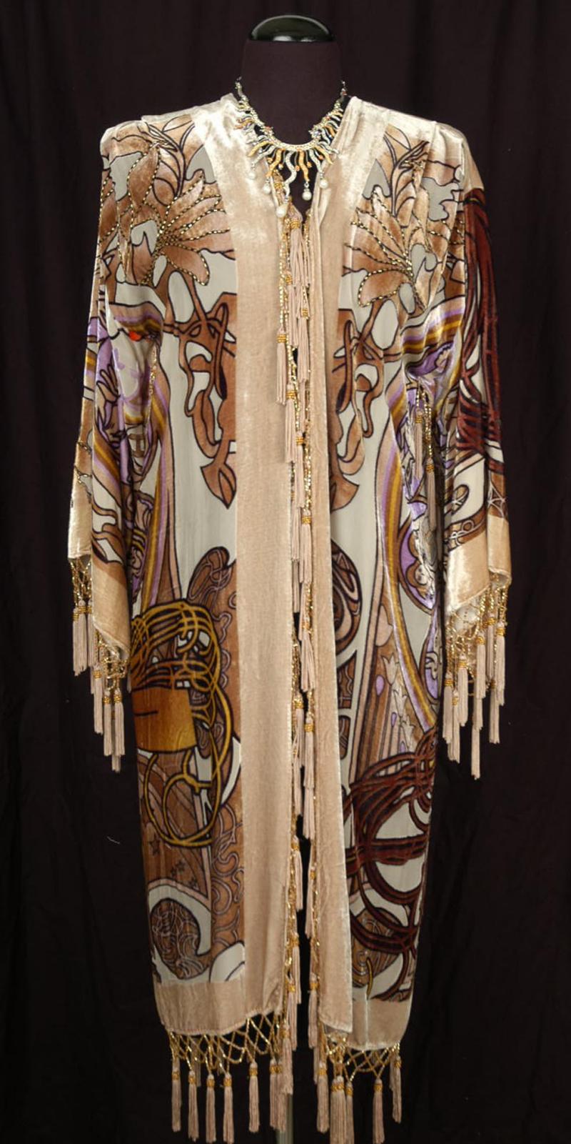 SILK VELVET BEADED MUCHA DUSTER KIMONO OPERA COAT BEIGE