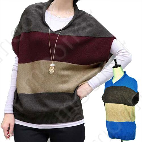 Women-V-neck-Wide-Stripe-Batwing-Sleeve-Blouse-Shoulder-Stripe-Sweater-Top-Shirt