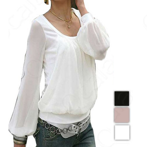   Round Neck Long Sleeve Chiffon Blouse Loose Shirt Casual Tops