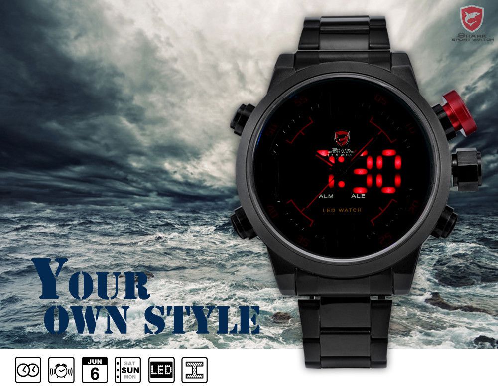 Men 3D Shark Digital LED Date Day Stainless Steel Sport Alarm Quartz Wrist Watch eBay