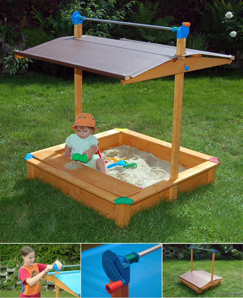 Covered Sandbox with Adjustable Roof, Toy Storage Compartment & Bench