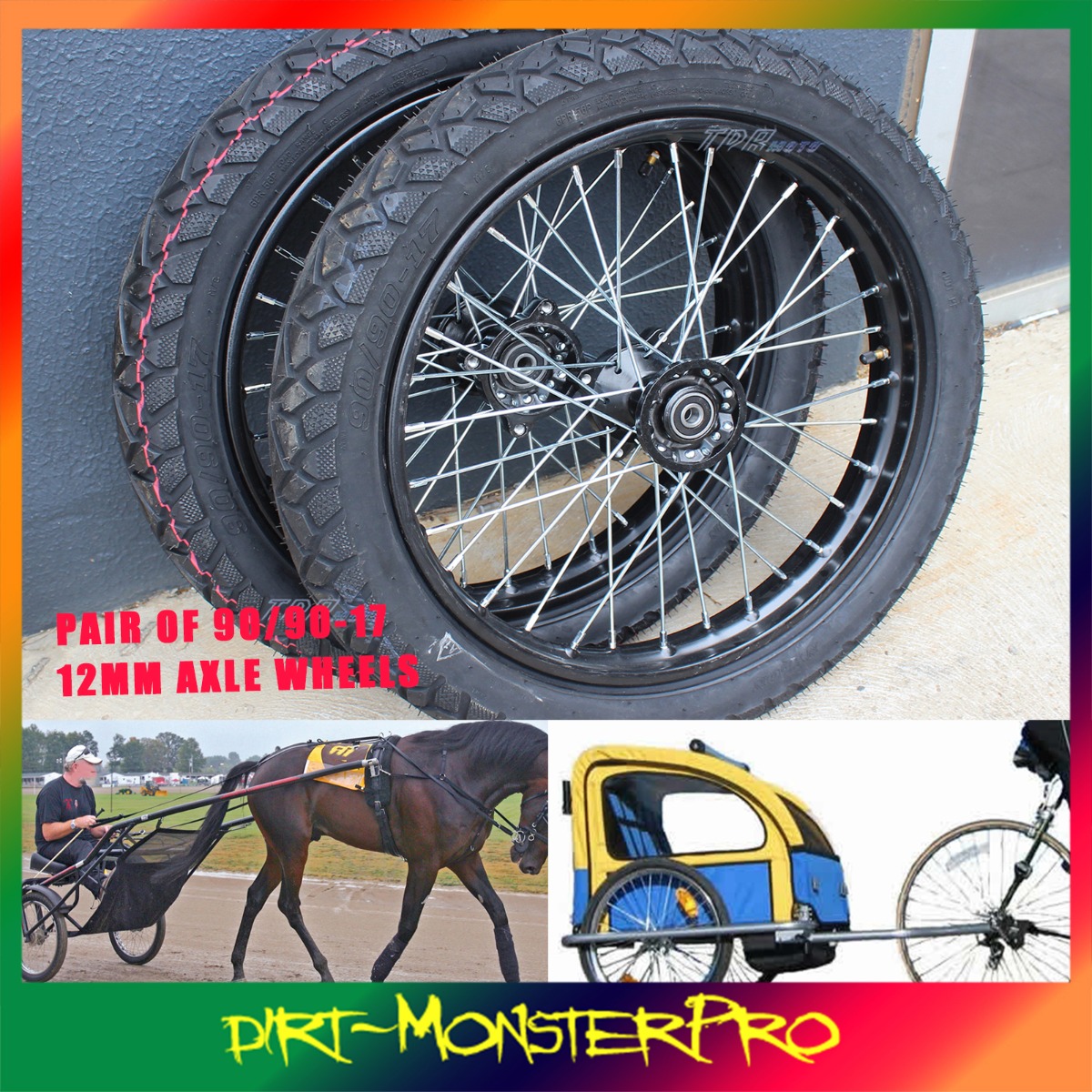 Pair of Harness Racing Horse Jog Cart Buggy Carriage Wheels 12mm Axle