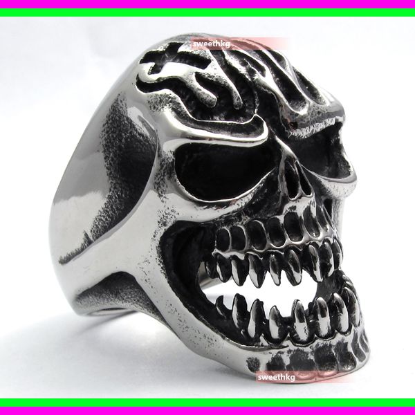Mens-Biker-Huge-Skull-Cross-Fire-316L-Stainless-Steel-Ring-Size-12-UK-Y