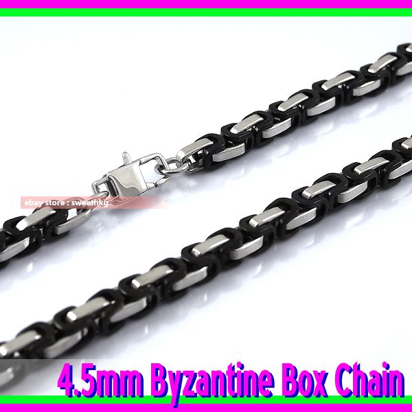 38-Mens-4-5mm-Black-Silver-Stainless-Steel-Byzantine-Box-Square-Chain-Necklace