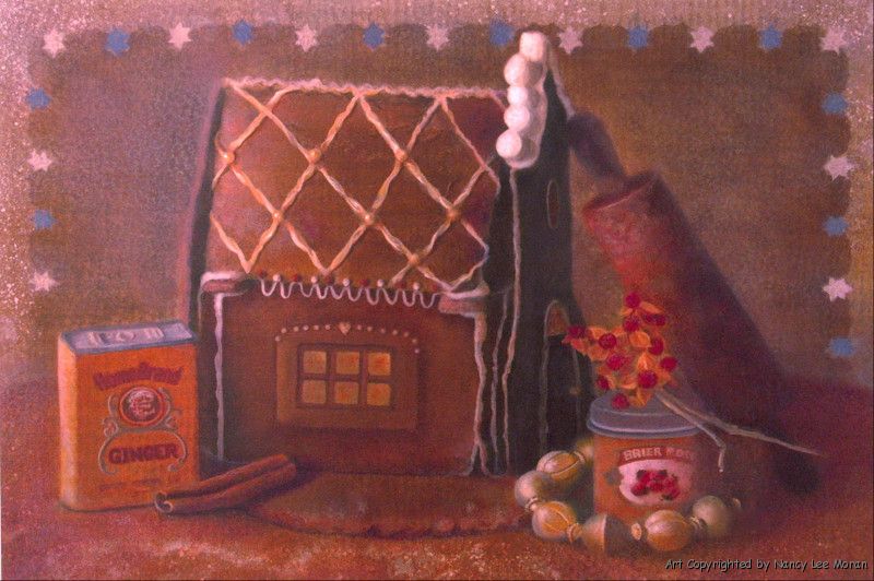 Baking Up Memories by Nancy Lee Moran in 2006, 14 x 10 inch OIL of gingerbread house cottage, child-size antique rolling pin, flour fingerprints,and bittersweet berries, in Moran's series called Gingerlane Ginger Lane, created from the artist's own photos and sketches, in colors of sienna brown, gold and blue