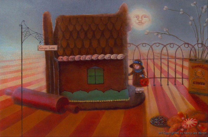 10x14 Trick or Treat, Oil Painting by Nancy Lee Moran in 2006 of a girl in a chestnut velvet hat with silk sash, a child-size antique rolling pin by the gingerbread house, a tin of ginger, a Man in the Moon, a spider web on the Ginger Lane sign, and a pinwheel cookie with candy corn in the lower right corner, created from the artist's own photos and sketches, in colors of orange, sienna brown, red, gold, green and blue