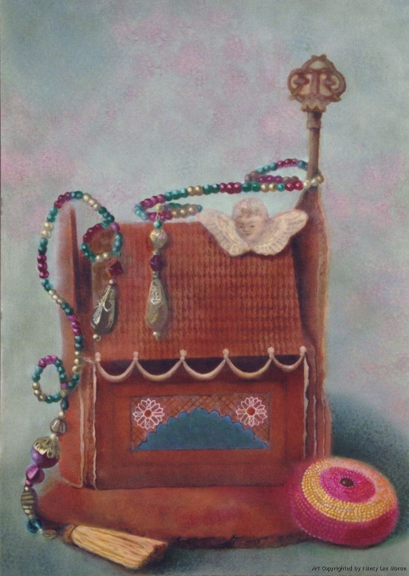 14x10 inches Deck the Halls oil painting by Nancy Lee Moran in 2006 of a gingerbread house decorated for Christmas season, with frosting and ornaments, antique reproduction angel pin, created from the artist's own photos and sketches in colors of turquoise, burgundy, gold, red, green and brown