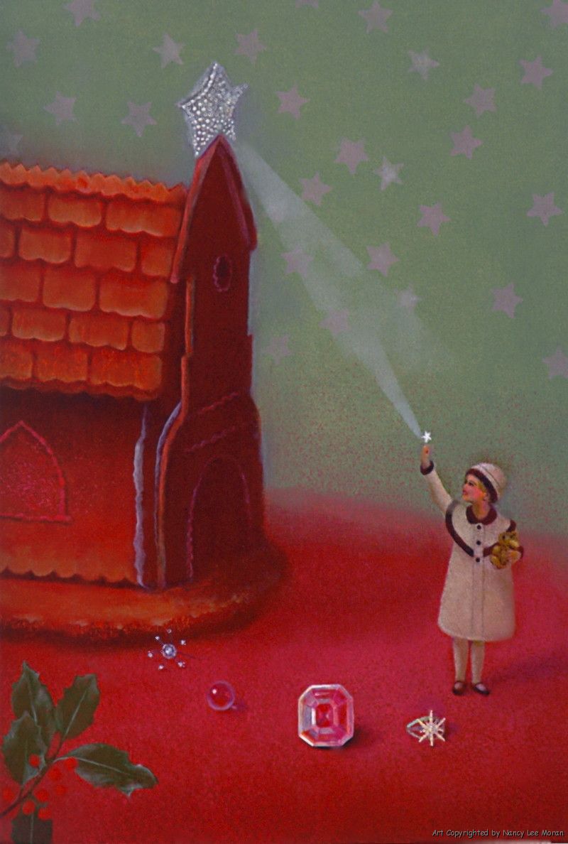 14x10 Star Dust Oil Painting by Nancy Lee Moran in 2006 of a girl in an old-fashioned coat who is holding a teddy bear, a magic star on a gingerbread house at the Christmas season, with holly and jewels, created from the artist's own photos and sketches in colors of red, scarlet, sienna brown, green and gray
