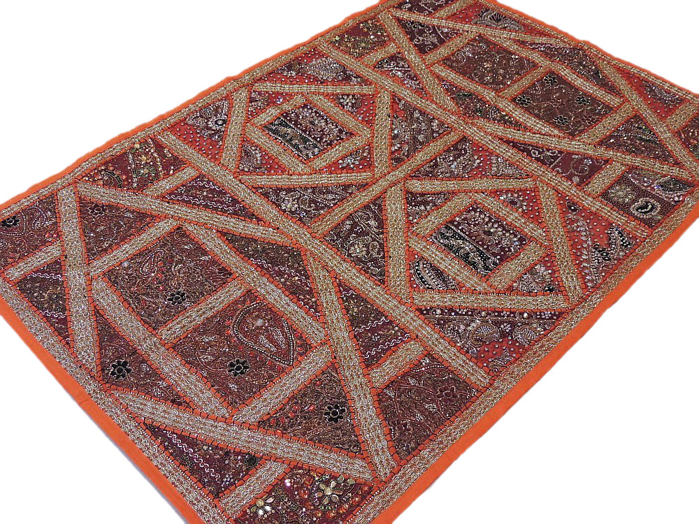 Orange Indian Wall Tapestry Decorative Sari Bead Work Handmade Handicraft Decor