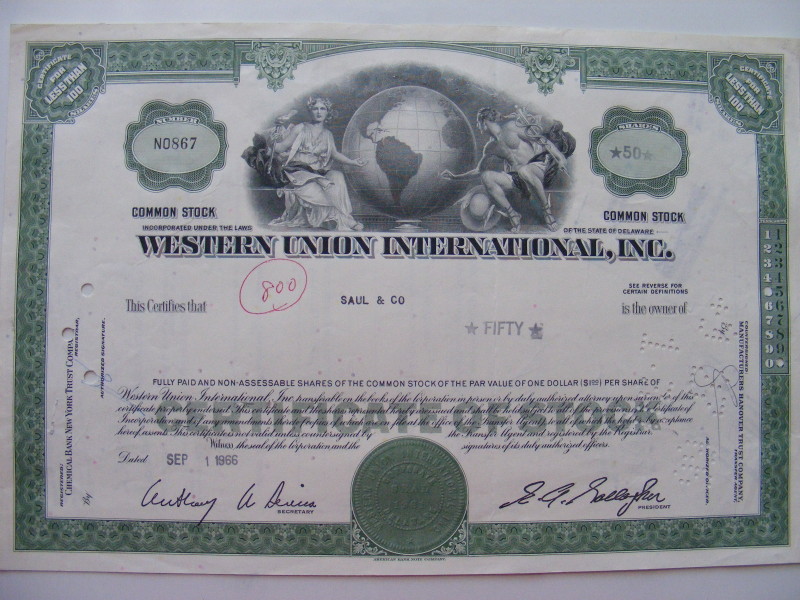 Western Union International Stock (globe Flanked By Allegorical Figures)