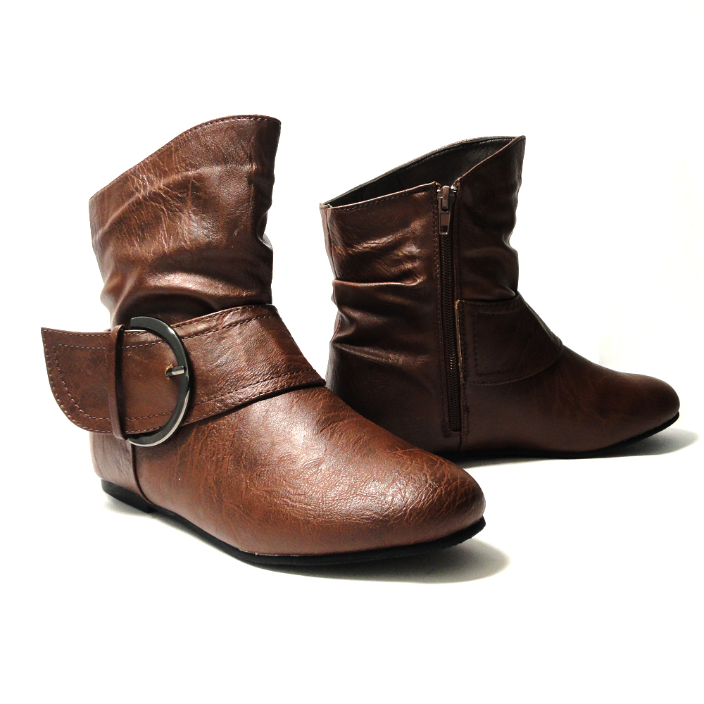 Womens Flat Slouchy Ankle Boots Faux Soft Leather Booties Brown Size 5