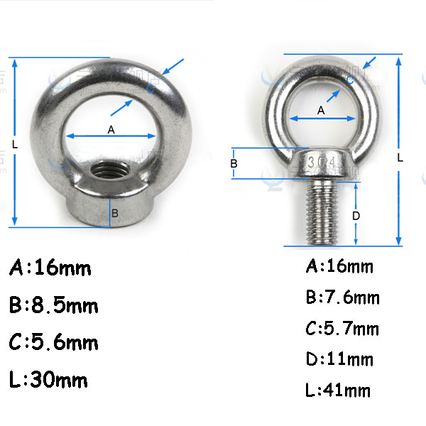 2Pair 304 Stainless Steel M6 Female Thread Lifting Eye Bolt Hardware