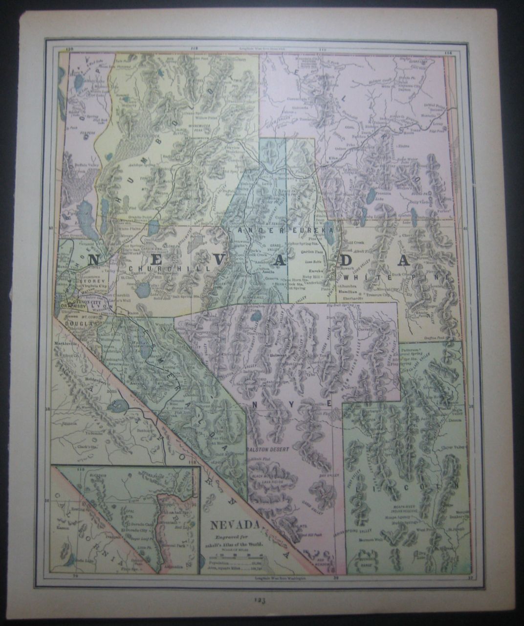 1888 ANTIQUE GASKELL'S ENGRAVED MAP: STATE OF NEVADA