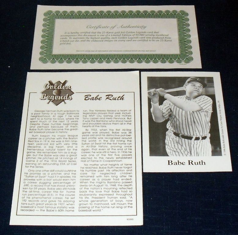 VINTAGE BABE RUTH GOLDEN LEGENDS OF BASEBALL GOLD CARD W COA NEW IN 