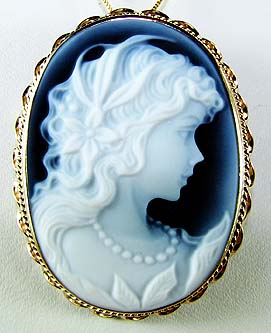 $800 Large Blue Agate Cameo 14K Gold Agate Pin Pendant
