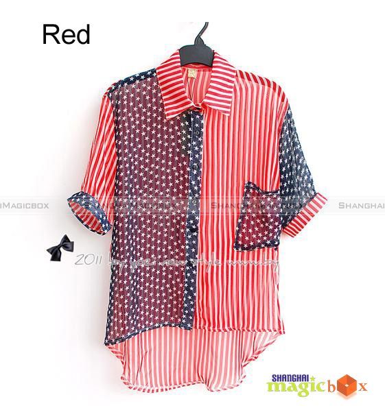 Women Trendy Stripe Star Chiffon Irregular Shirt #052