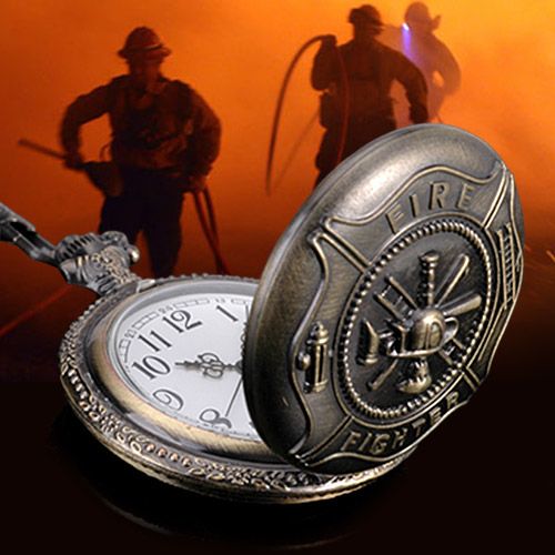 Bronze Fire Fighter Quartz Men's Pocket Watch W/Chain