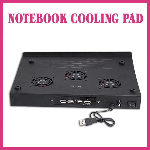 Laptop Cooling Cooler Pad W 3 Fan 4 port Usb Hub Black