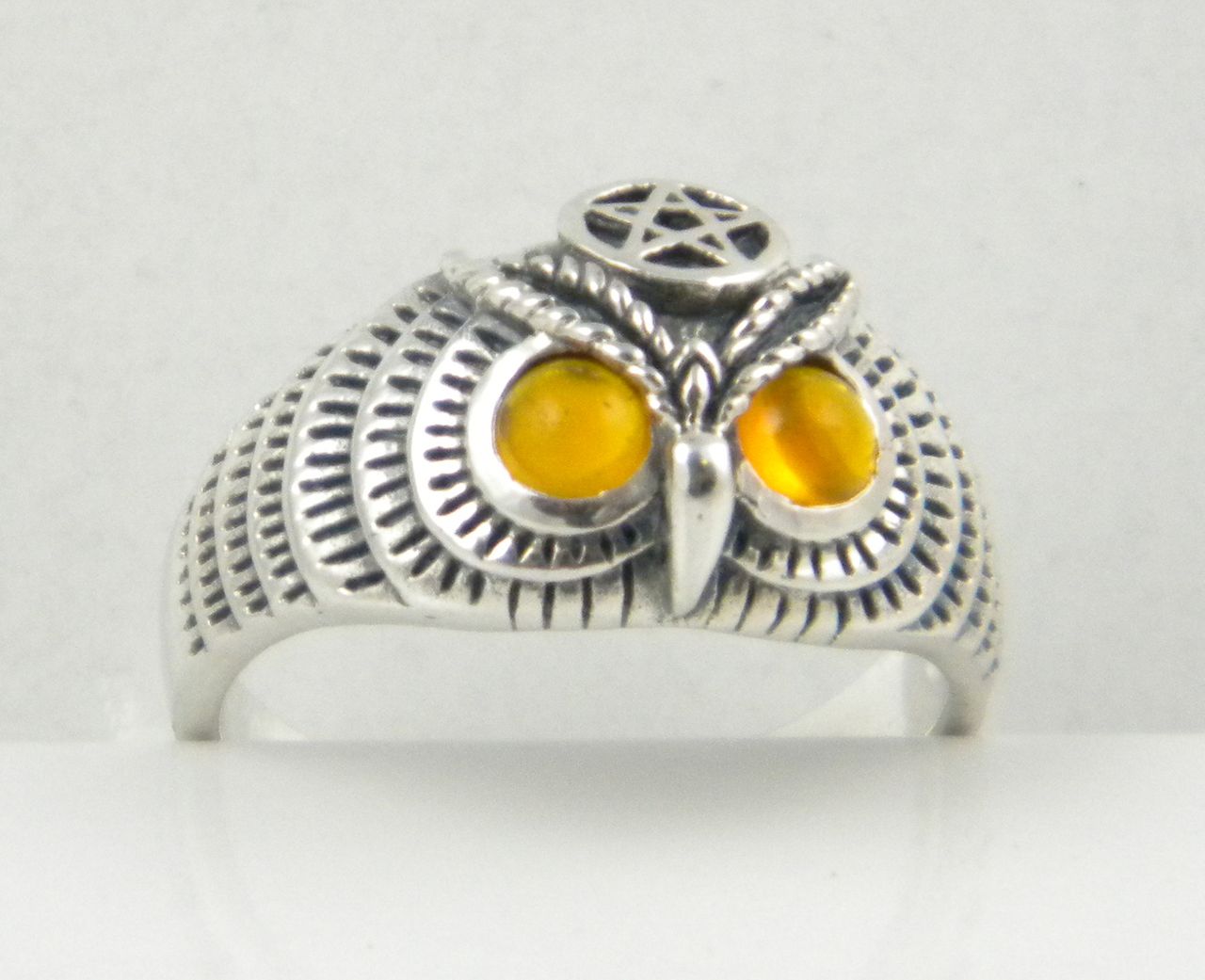 Sterling-Silver-OWL-RING-Pentagram-AMBER-Eyes-NEW