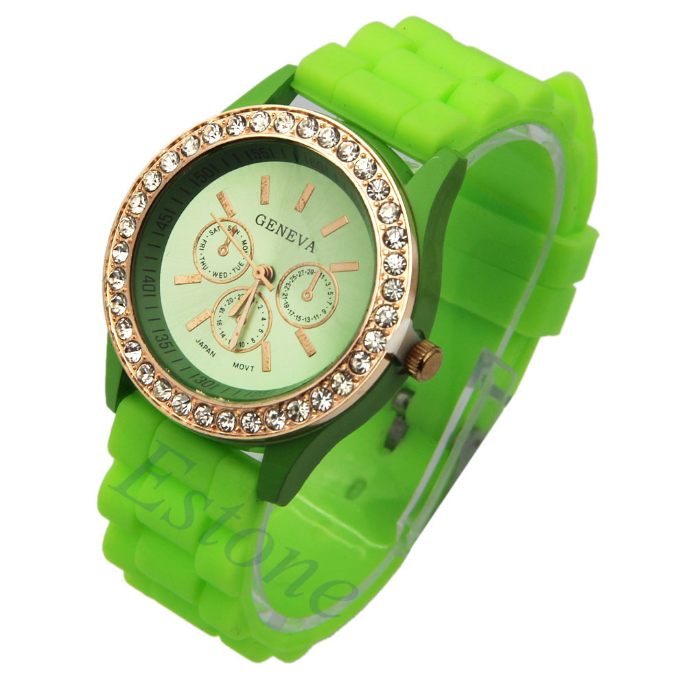 Womens Girl Analog Quartz Wrist Watch Geneva Jelly Golden Crystal
