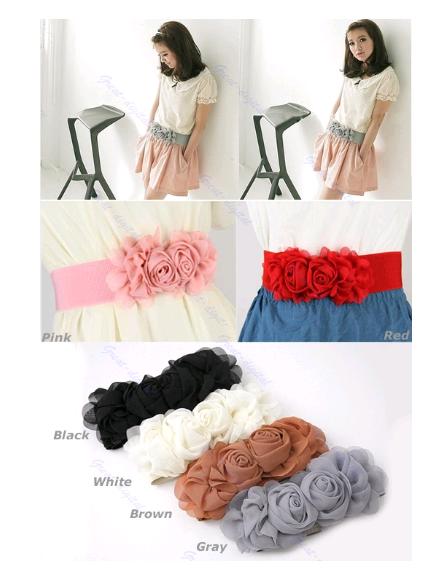 Fashion-Chiffon-Double-Rose-Flower-Buckle-Style-Elastic-Belt-Waistband-5-Colors