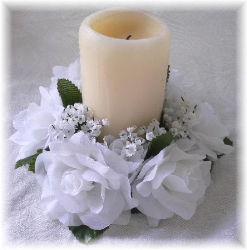 6 WHITE CANDLE RINGS Silk Roses Wedding Flower Centerpiece Unity Candle