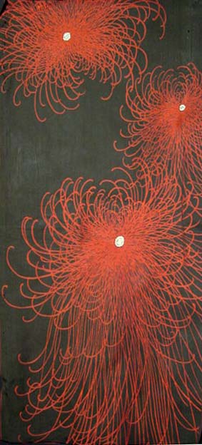 Vintage Silk Kimono Fabric Black & Red Exploding Mums
