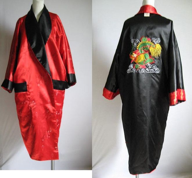 Beautiful Black Red Satin Long Asian Dragon Robe L