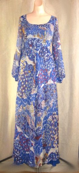 Vintage Blue Chiffon Malcolm Starr Long Maxi Dress L 42