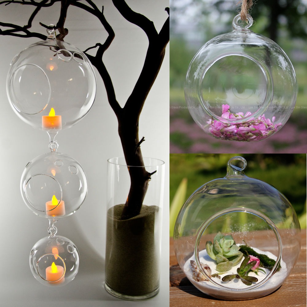 Clear Hanging Glass Vase Candlestick Tea Light SmalL Plant Container