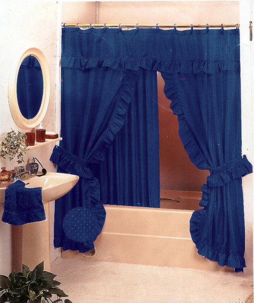 Navy Blue Bath Ruffle Fabric Shower Curtain Set+valance