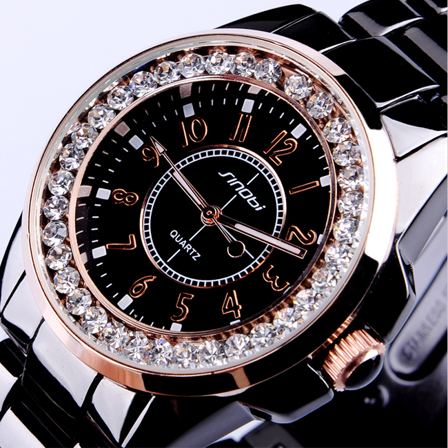 Lady Wristwatch Black Disc Steel Diamond Rose Golden Fashion