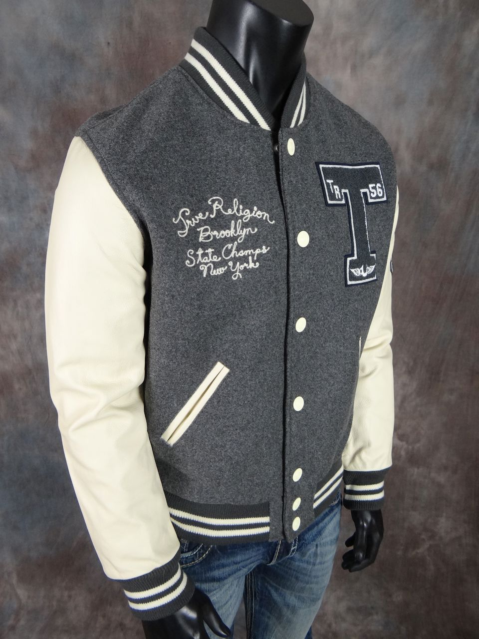 NEW WITH TAGS TRUE RELIGION Jeans RICHIE VARSITY Jacket in Charcoal Grey