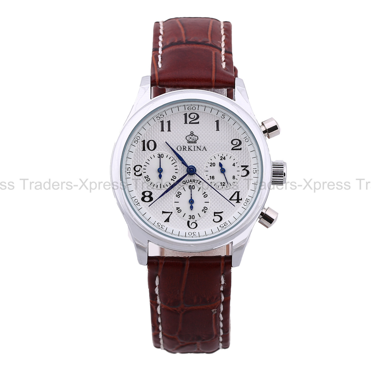 Orkina Luxury Mens 6 Hands Stopwatch Coffee Leather Army Sport Quartz