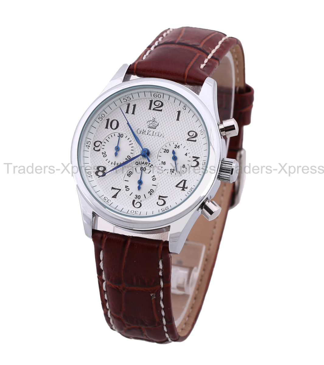 Orkina Luxury Mens 6 Hands Stopwatch Coffee Leather Army Sport Quartz