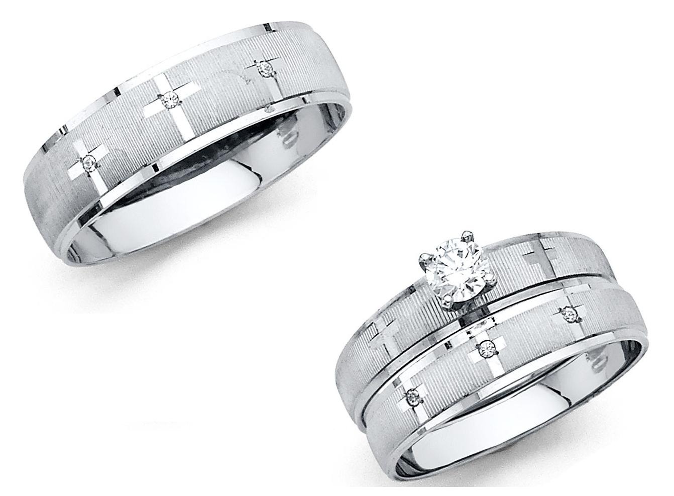 14k solid white gold cross wedding band bridal solitaire engagement ring set - Solitaire Wedding Ring Sets 14k solid white gold cross wedding band bridal solitaire engagement ring set - Solitaire Wedding Ring Sets
