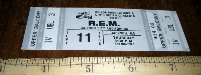 1988 UNUSED CONCERT TICKET *R.E.M.* JACKSON MS. $14.00