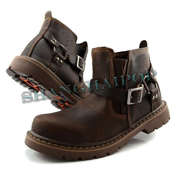 Mens Brown Leather Harness Riding Ankle Boots Strapped Pull on Casual