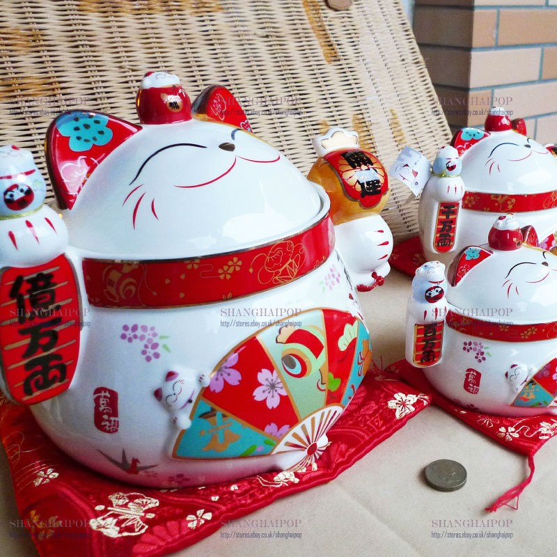 Maneki Neko Lucky Cat Cookie Jar Sweet Candy Tea Coffee Chinese