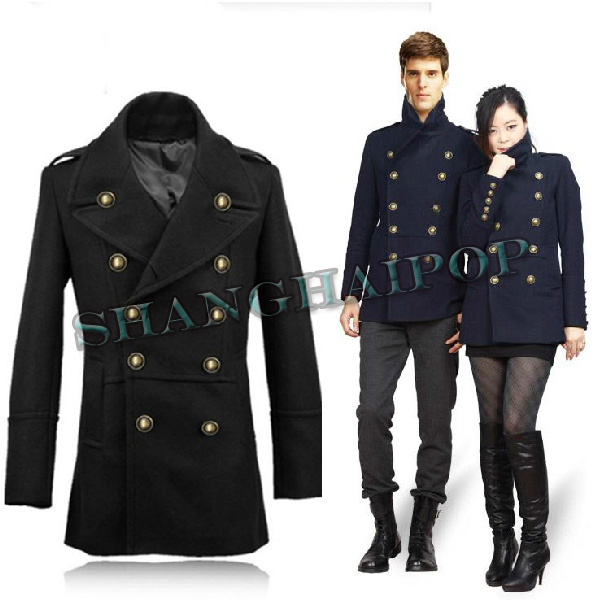 Double Breasted Military Jacket Men Women Wool Blend Coat Peacoat