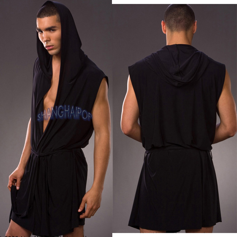 Men Sleeveless Bathrobe Robe Hooded Dressing Gown Housecoat Nightwear