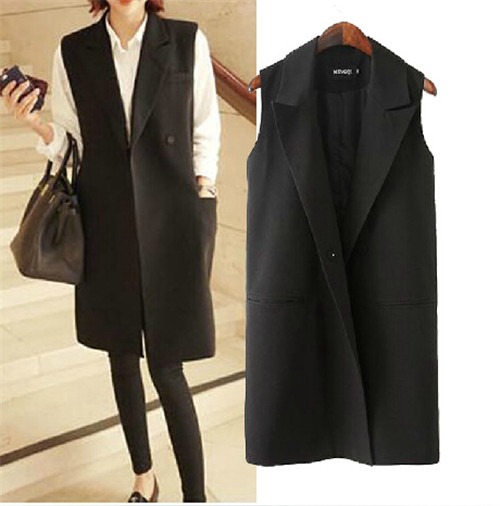 Covered Button Women Black Long gilet Jacket Blazer Coat