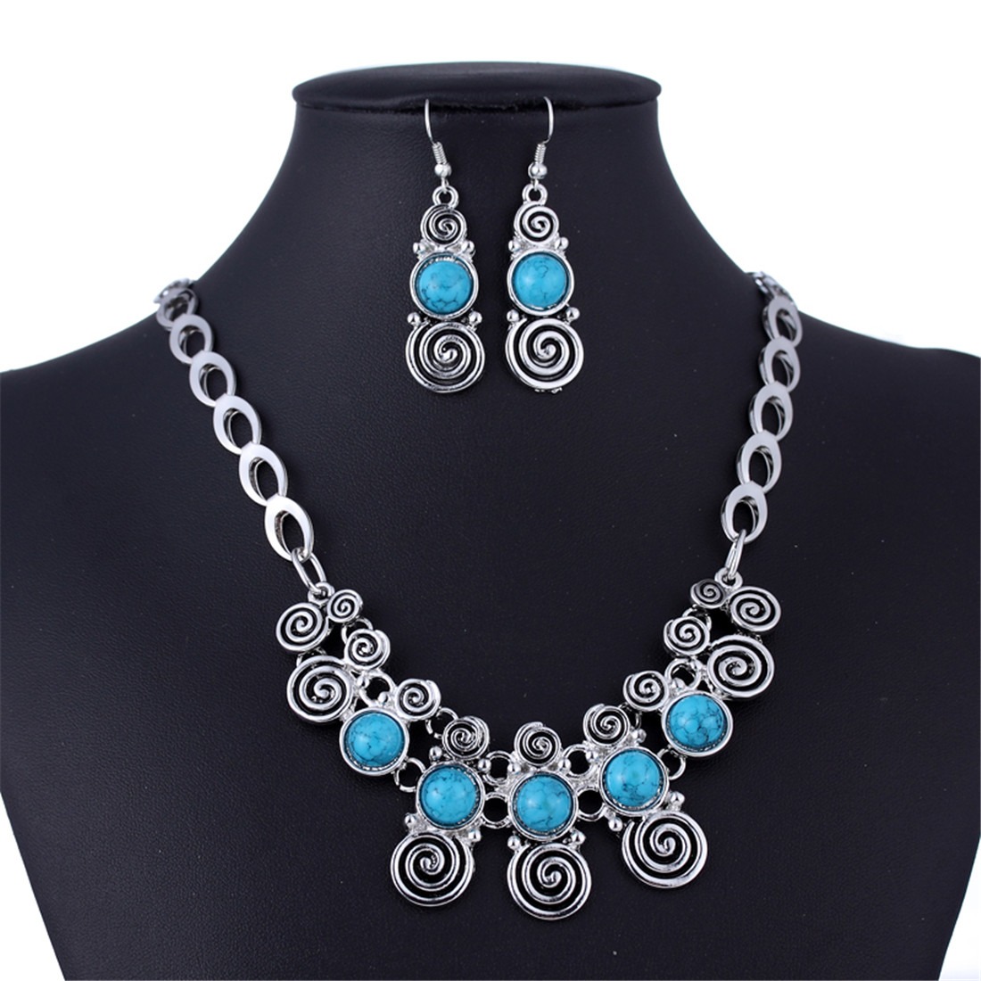 costume necklace earring jewelry set antique silver collar bib 4 color