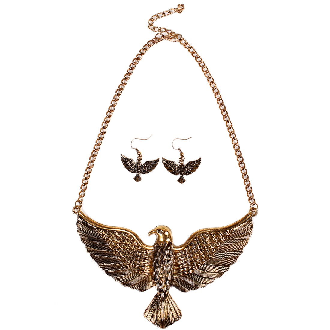 Womens Vintage carved eagle Wing Pendant Hook earrings Chain necklace