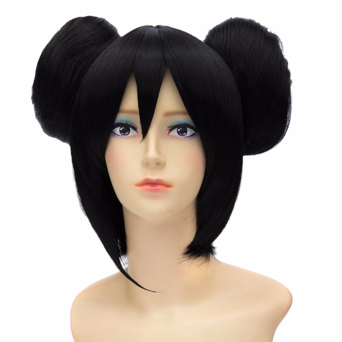 Black Short Straight Two Bun Head Anime Cosplay Synthetic Wig Hairpiece